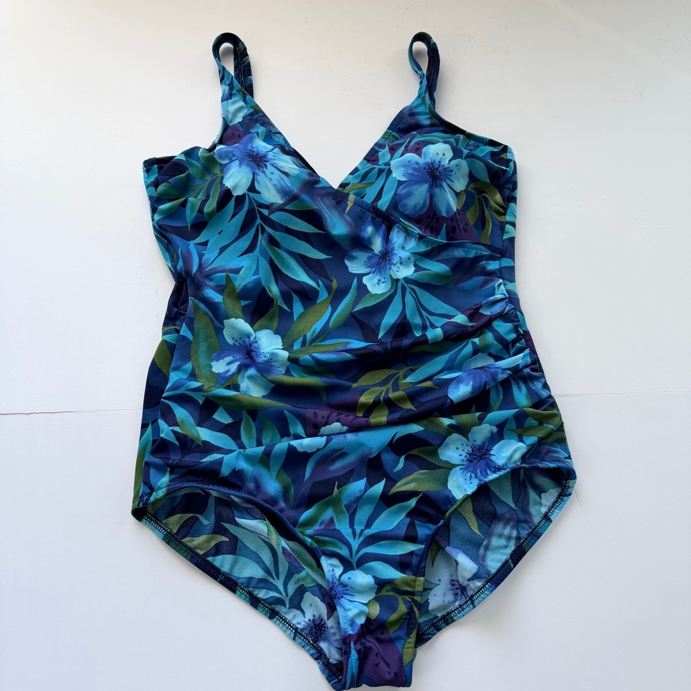 Miraclesuit Sanibel Blue Floral One Piece Swimsuit Sz18 Ruched Surplice Slimming